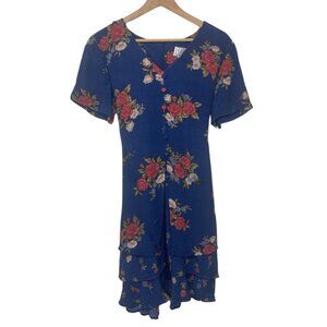 DJI | Women's Vintage V neck Navy Blue Floral Front Button Dress | Size 11/12